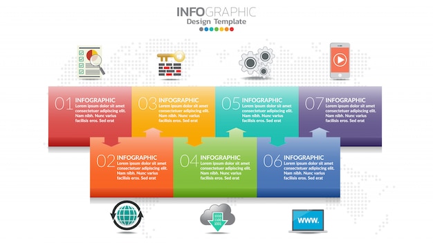 Infográfico de 7 partes do conceito de negócio com opções, etapas ou processos.