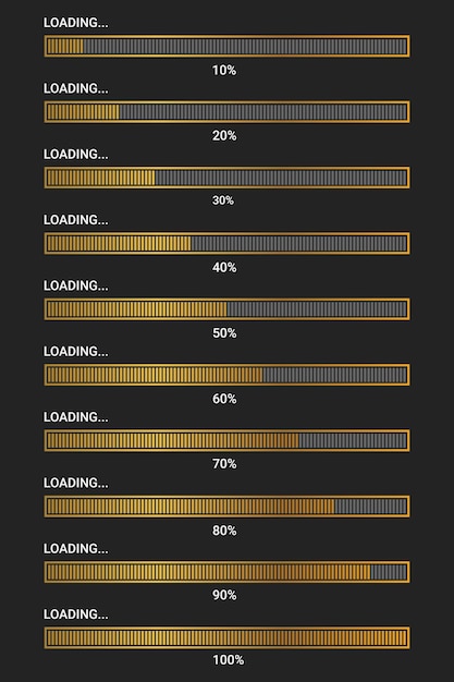 Infográfico de barra de carregamento de progresso definido em gradiente dourado