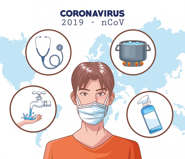 Infográfico de coronavírus com homem usando máscara