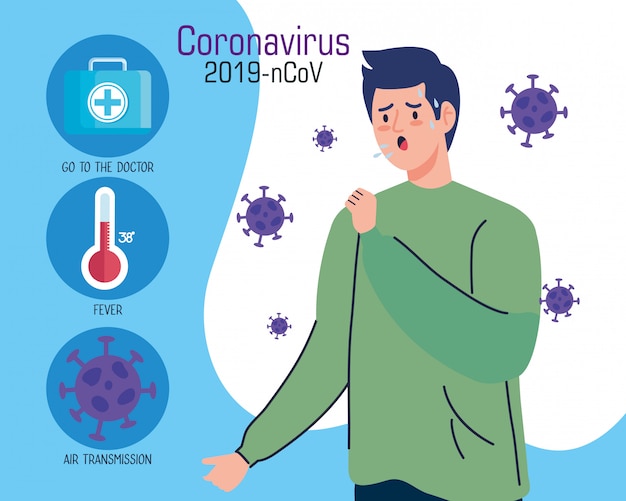 Infográfico de coronavírus e homem com tosse