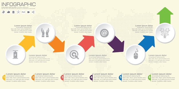 Infográfico de cronograma e seta com ícone e opções.