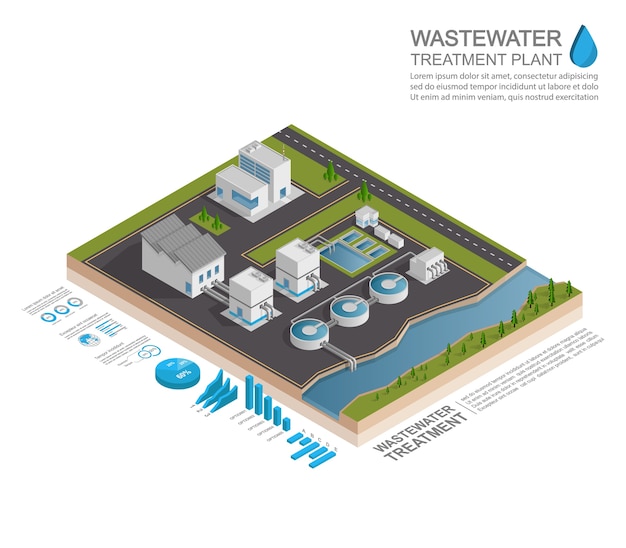 Vetor infográfico de estação de tratamento de águas residuais isométrica