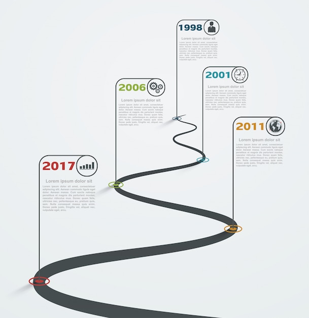 Infográfico de estrada com ponteiros, timeline com ícones de negócios. Desenvolvimento de estrutura de etapas.