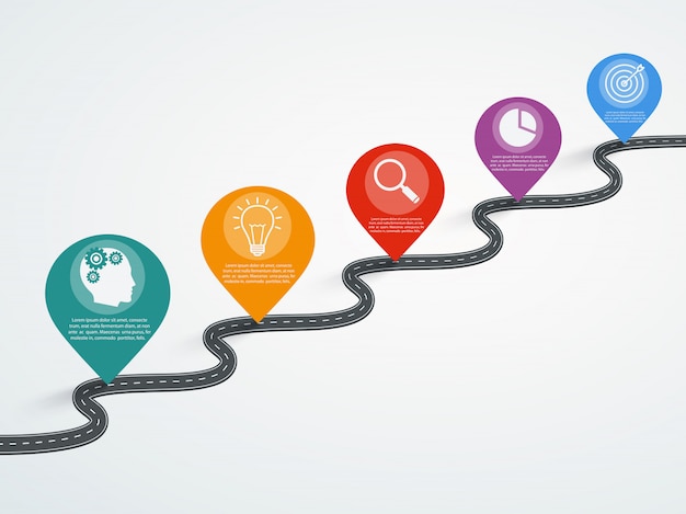 Vetor infográfico de estrada com ponteiros, timeline com ícones de negócios.