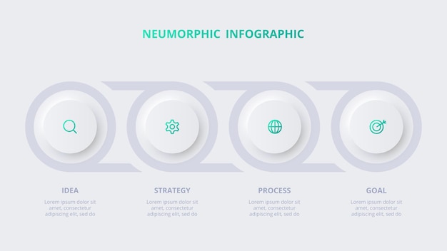 Infográfico de fluxograma neumórfico conceito criativo para infográfico com peças ou processos de opções de 4 etapas