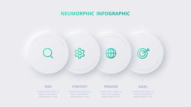 Infográfico de fluxograma neumórfico conceito criativo para infográfico com peças ou processos de opções de 4 etapas
