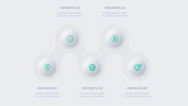 Infográfico de fluxograma neumórfico conceito criativo para infográfico com peças ou processos de opções de 5 etapas