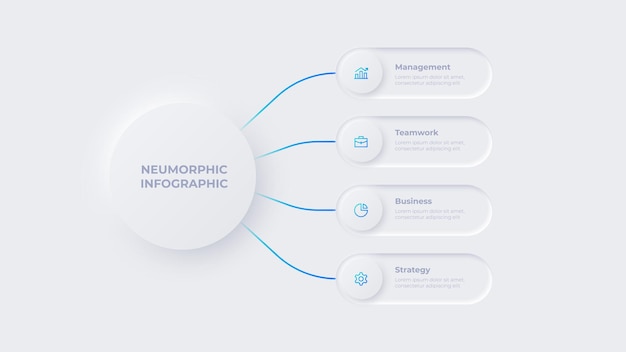 Infográfico de fluxograma neumórfico Visualização de dados de negócios em 4 etapas