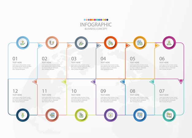 Infográfico de formato quadrado com 12 etapas, processo ou opções, gráfico de processo, usado para diagrama de processo, apresentações, layout de fluxo de trabalho, fluxograma, infografia. Ilustração em vetor eps10.