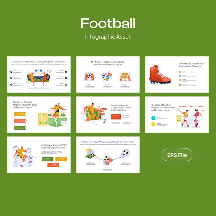 Vetor infográfico de futebol - evolução fatos divertidos anatomia e mais