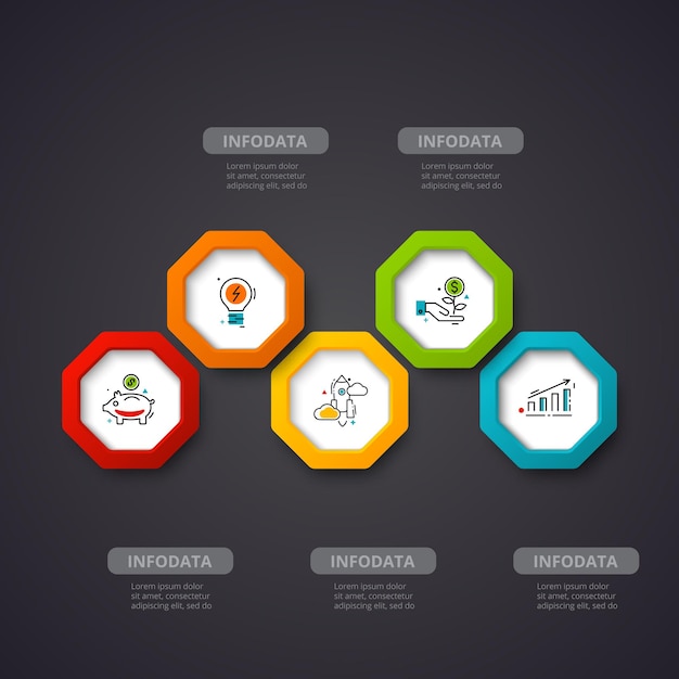 Vetor infográfico de hexágonos vetoriais em fundo escuro pode ser usado para apresentação com 5 opções