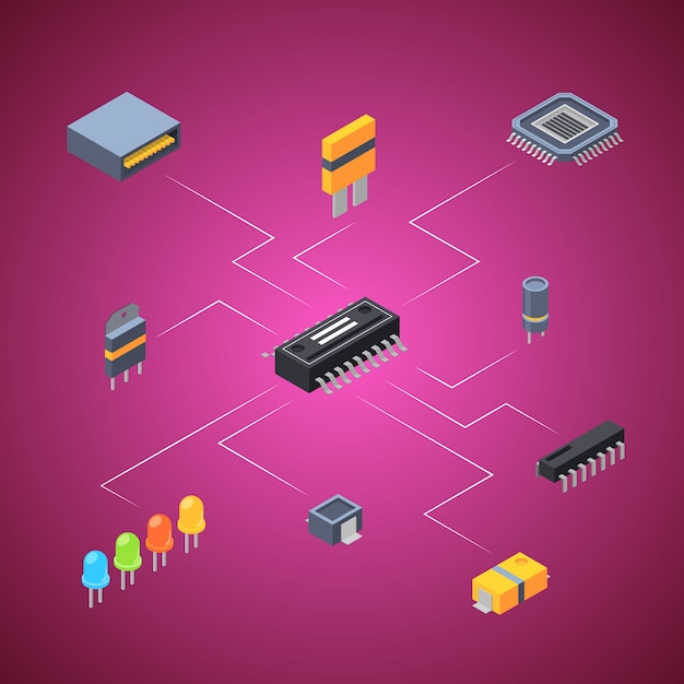 Vetor infográfico de ícones de peças eletrônicas de microchips isométricos