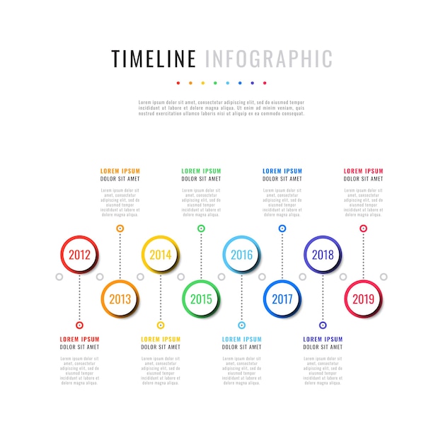 Infográfico de linha do tempo horizontal com oito elementos redondos