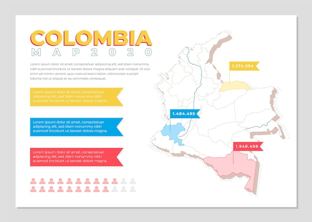 Infográfico de mapa da colômbia em design plano