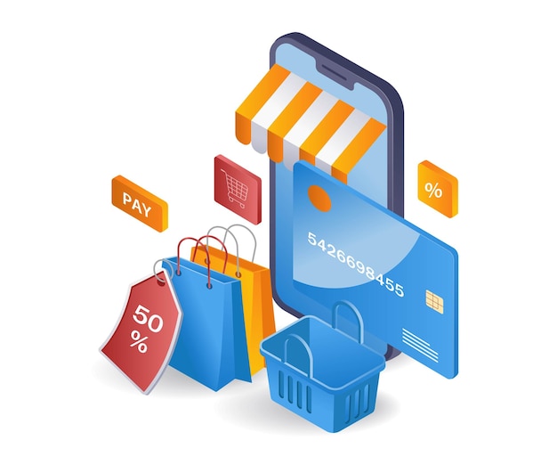 Vetor infográfico de mercado de comércio eletrônico de compras on-line ilustração 3d isométrica plana