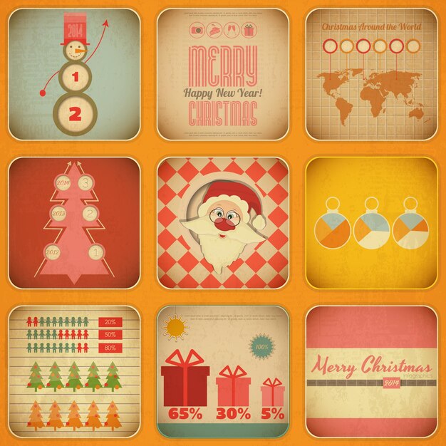 Infográfico de natal e ano novo vintage com papai noel em estilo retrô ilustração vetorial de conjunto de natal
