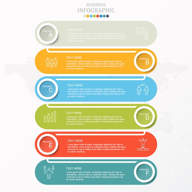 Infográfico de negócios colorido 6 etapas e ícones.