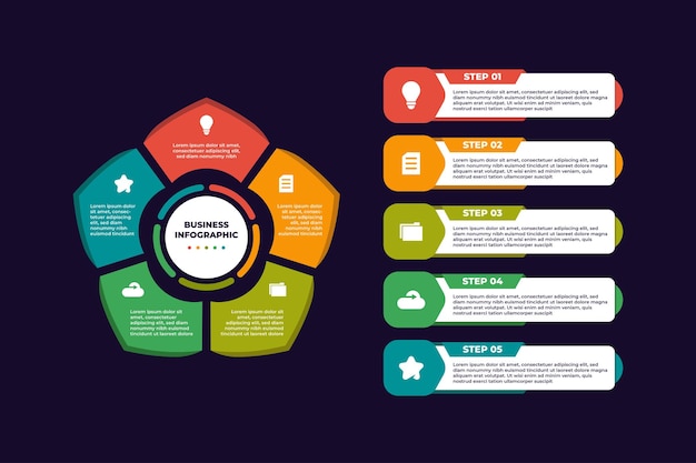 Infográfico de negócios de lista hexagonal colorida