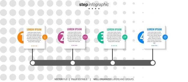 Vetor infográfico de negócios de processo plano de linha fina com 4 setas de opções elementos lineares vetoriais para pré