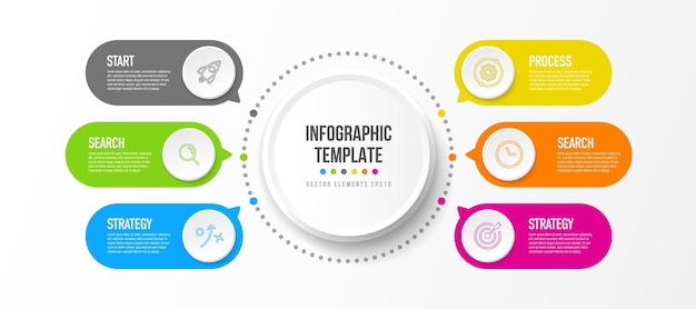 Infográfico de opções de linha do tempo 6 para relatório de fluxograma de diagrama de processo de fluxo de trabalho de apresentações