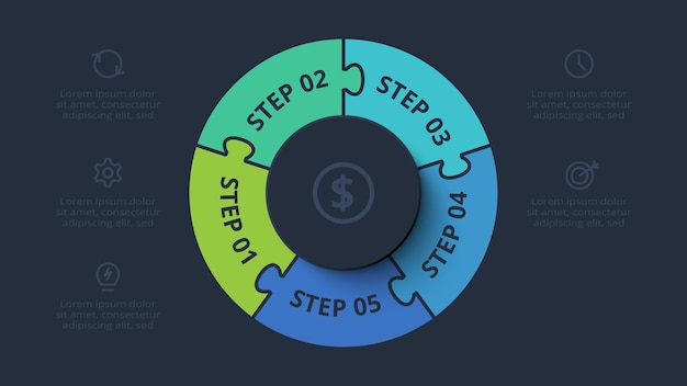 Infográfico de quebra-cabeça com 5 elementos apresentações ilustração vetorial modelo para web em preto