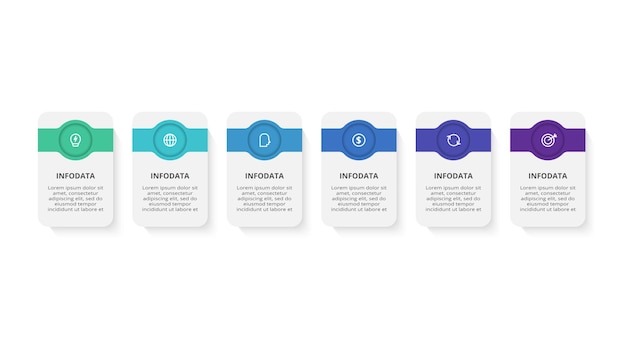 Infográfico de retângulos com 6 etapas de opções de peças ou processos visualização de dados de negócios