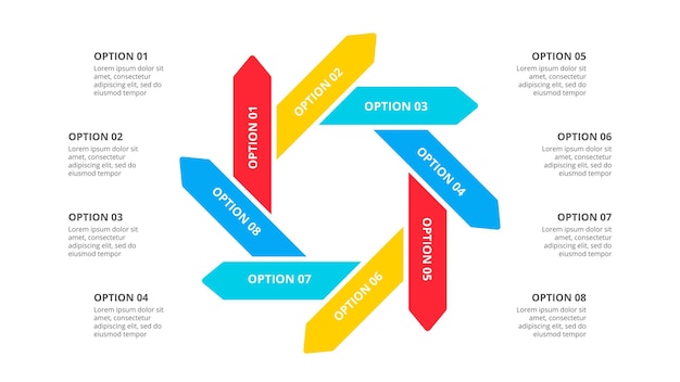 Infográfico de setas do vetor. diagrama de ciclo com 8 opções. modelo de negócios para apresentação.