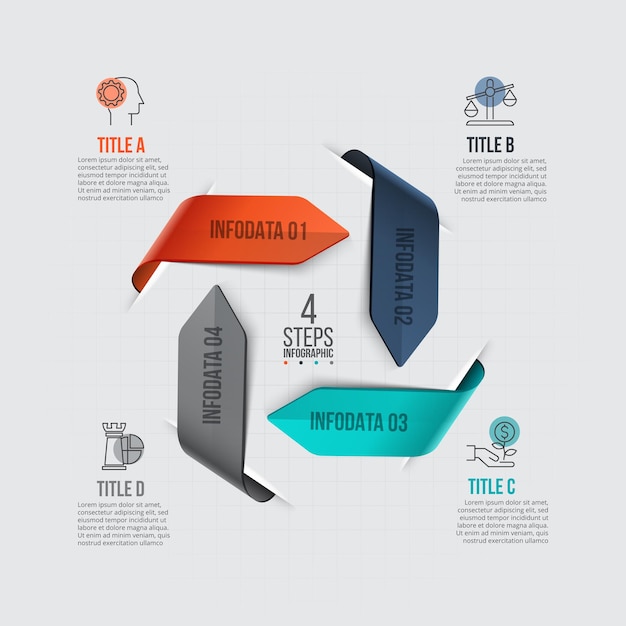 Infográfico de setas vetoriais modelo para diagrama de ciclo com 4 opções de etapas ou processos de peças