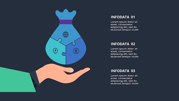 Infográfico escuro criativo com modelo de 3 elementos para web em uma apresentação de negócios de fundo preto