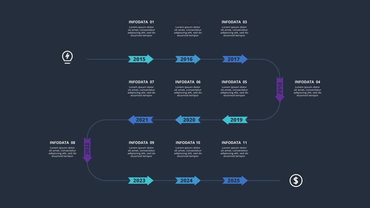 Vetor infográfico escuro de setas com modelo de 11 elementos para web em um vetor de apresentação de negócios de fundo preto