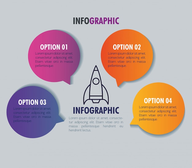 Infográfico modelo com foguete e opções