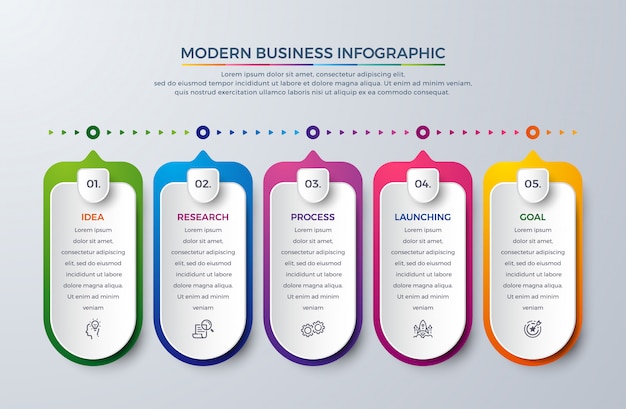 Infográfico moderno de linha do tempo com 5 processo ou etapas