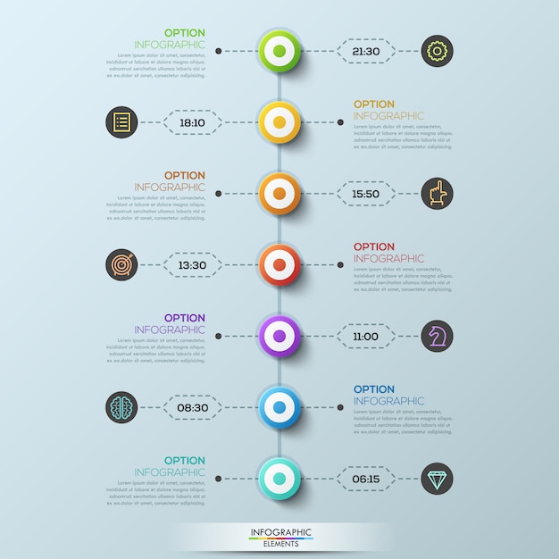 Infográfico moderno modelo, 7 elementos circulares conectados com caixas de texto por linhas pontilhadas