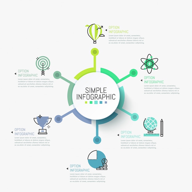 Infográfico simples modelo. elemento circular no centro conectado com pictogramas e caixas de texto