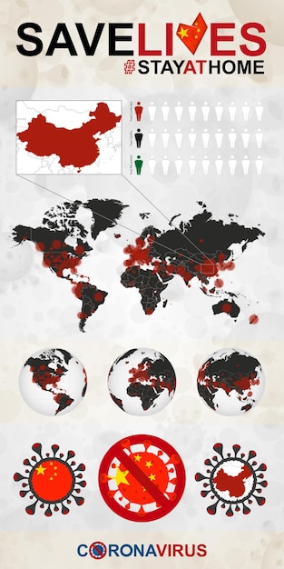 Infográfico sobre o coronavírus na china fique em casa salvar vidas bandeira e mapa da china
