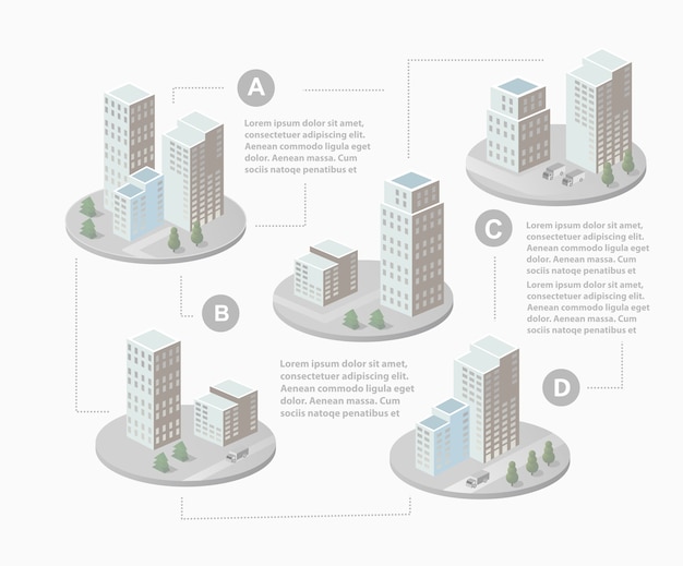 Infográficos com casas isométricas e paisagem urbana