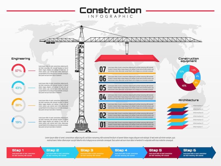 Vetor infográficos com guindaste de construção trabalhando no canteiro de obras