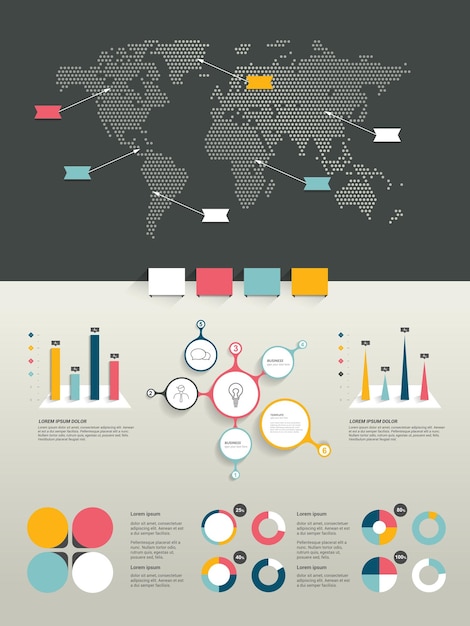 Vetor infográficos conjunto de elementos de marca e mapa do mundo