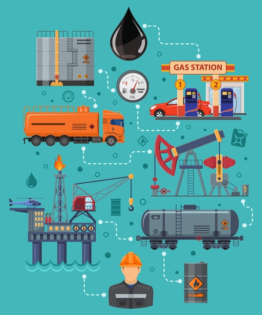 Infográficos da indústria petrolífera com produção de extração de ícones planos e transporte de petróleo e gasolina com petroleiro, plataforma e barris. ilustração em vetor isolado.