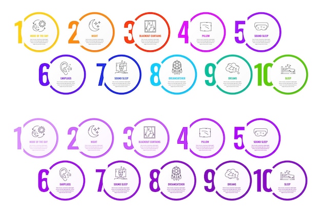 Vetor infográficos da linha do sono diagrama de etapas do vetor, informações do processo, gráficos e gráficos da linha do tempo definidos com 10 opções para um sono saudável gráficos de etapas dos círculos coloridos com ícones da lua do travesseiro da cama de contorno