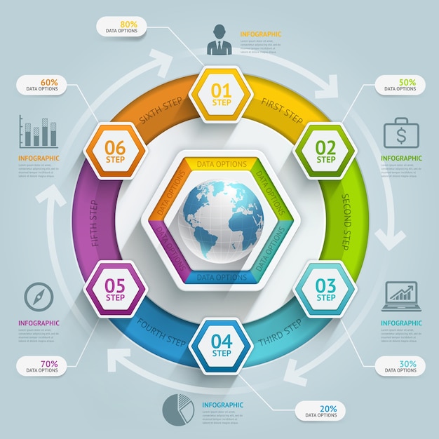 Vetor infográficos da linha do tempo da seta do hexágono. .