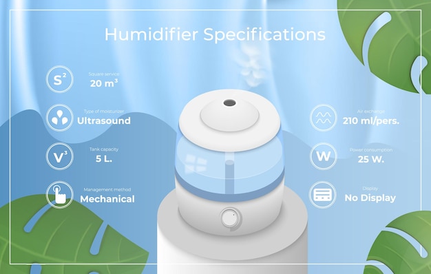 Vetor infográficos de umidificador com imagem realista de umidificador de ar de trabalho cercado por ícones redondos e ilustração vetorial de legendas de texto