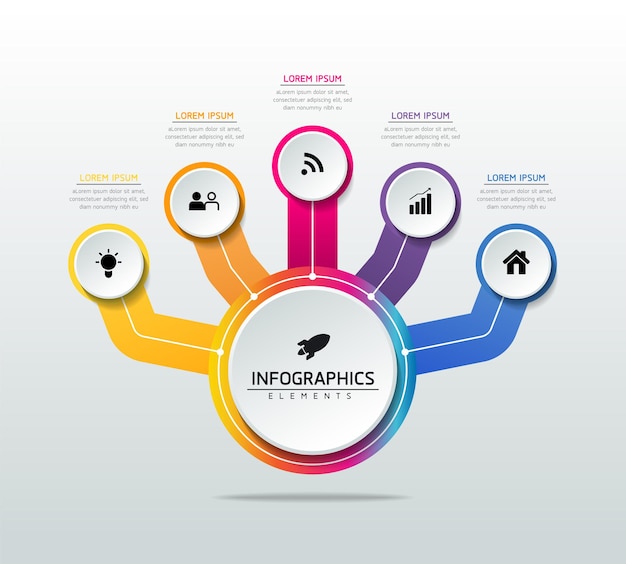 Infográficos design modelo gráfico de apresentação de informações de negócios com 5 opções ou etapas