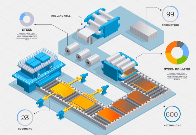 Infográficos isométricos da indústria de fundição de metalurgia com vista do transportador da fábrica com diferentes estágios de produção de metal