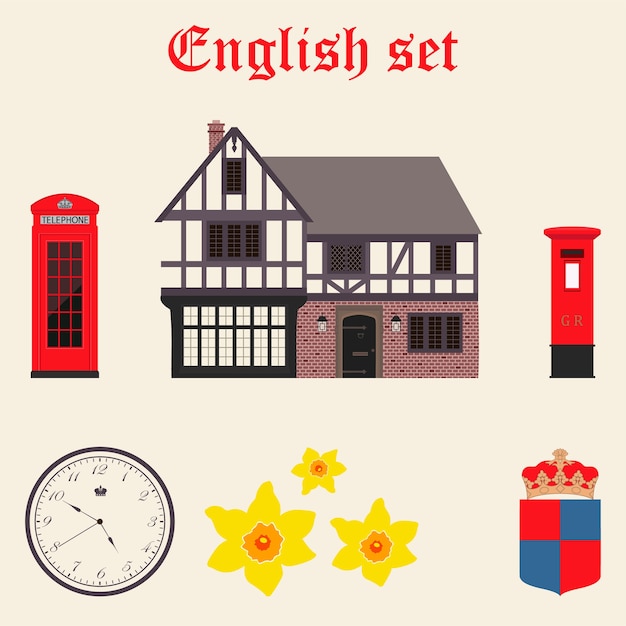 Inglês conjunto com cottage, telefone, relógio, narcisos, caixa de correio e braço com coroa.