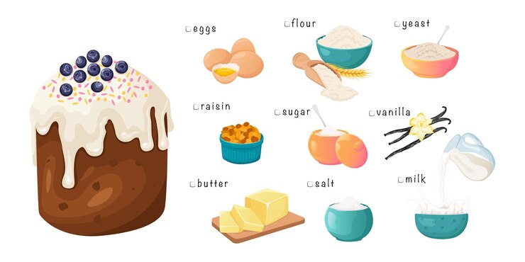 Vetor ingrediente do bolo de páscoa conjunto de elementos vetoriais farinha de leite ovos açúcar manteiga fermento
