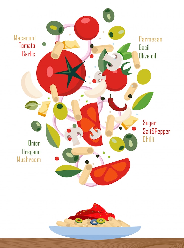 Vetor ingredientes caindo do macarrão e molho