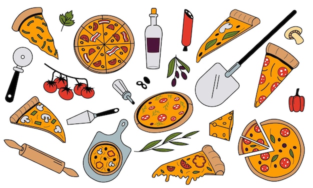 Vetor ingredientes da pizza doodle comida de cozinha italiana nacional colorida com queijo pepperoni tomate e azeite vector elementos gráficos do menu do restaurante