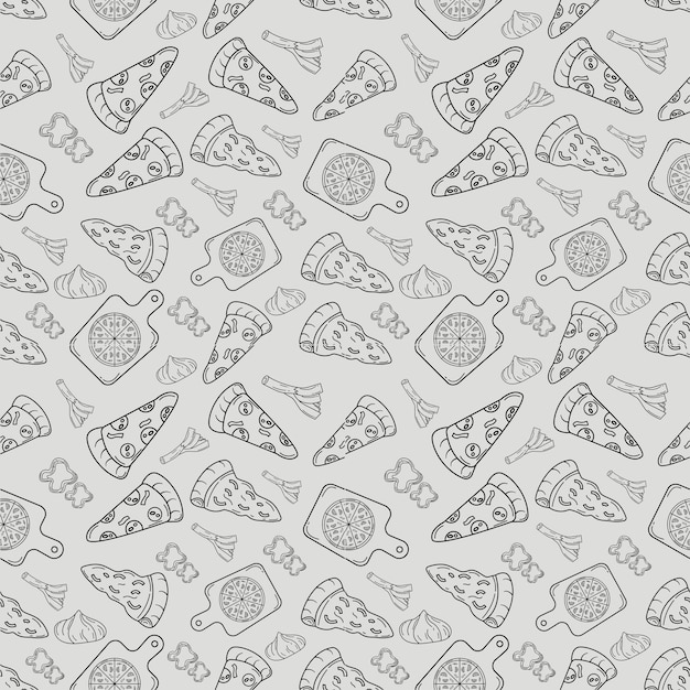 Ingredientes de pizza desenhados à mão padrão sem costura