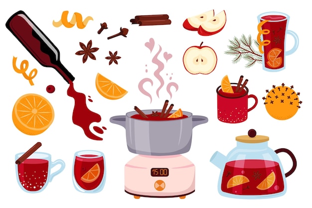 Ingredientes de vinho quente Vector de estoque Punch em copos canecas panela Vinho vermelho especiarias cítricas Vector